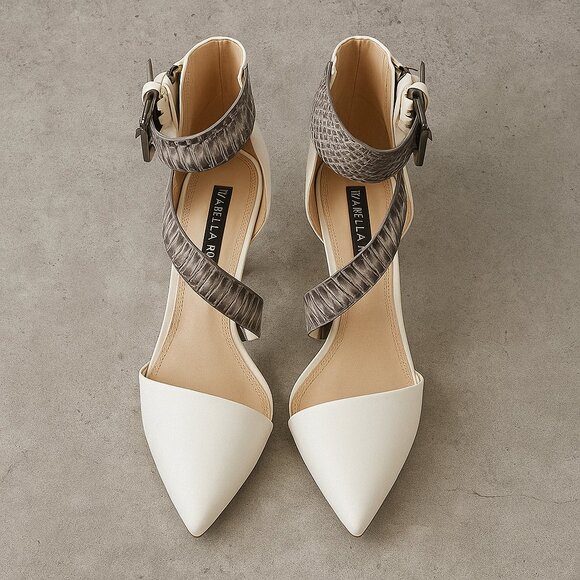 White and snake skin heels with belt buckle strap - Picture 1 of 3